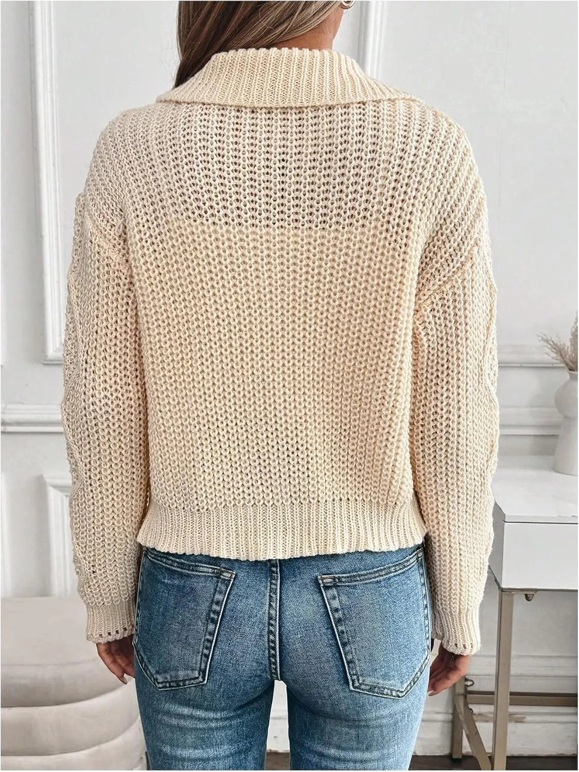 MakeMeChic Women's Cable Knit Collared Zipper Cardigan Sweaters Button Down Long Sleeve Outerwear