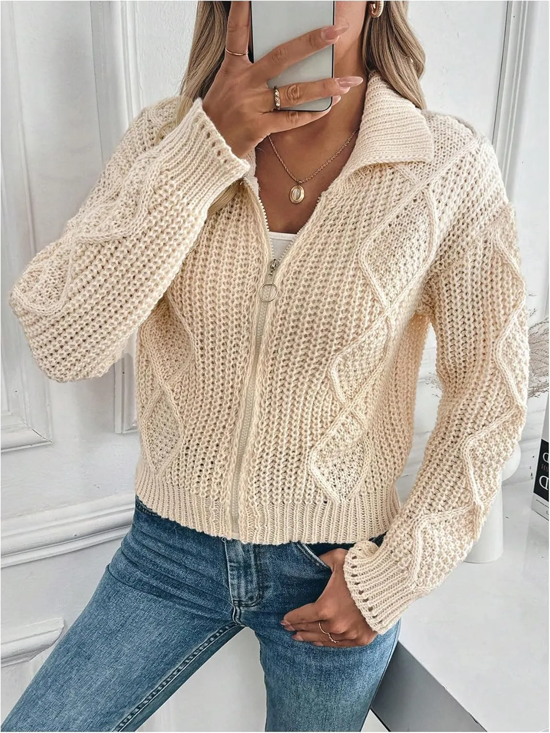 MakeMeChic Women's Cable Knit Collared Zipper Cardigan Sweaters Button Down Long Sleeve Outerwear