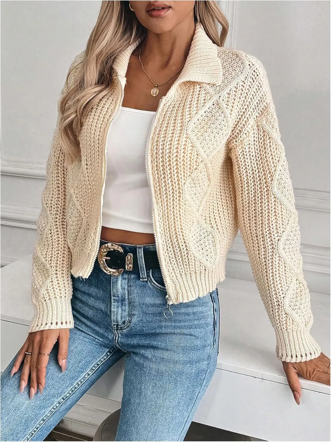 MakeMeChic Women's Cable Knit Collared Zipper Cardigan Sweaters Button Down Long Sleeve Outerwear