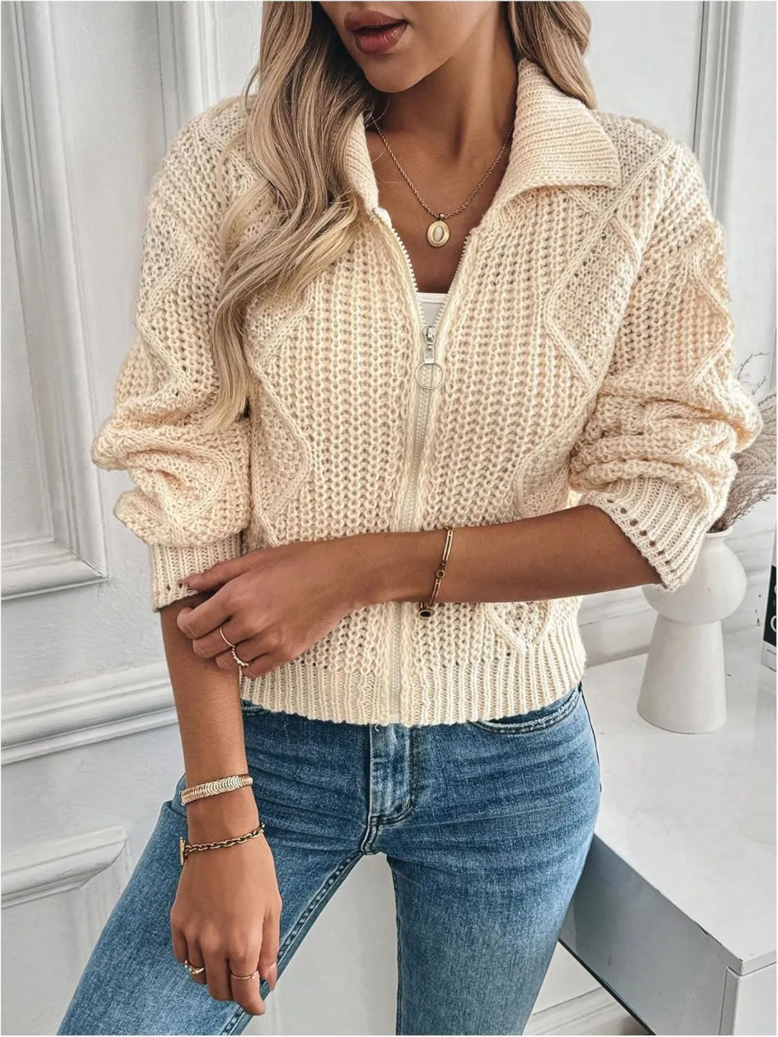 MakeMeChic Women's Cable Knit Collared Zipper Cardigan Sweaters Button Down Long Sleeve Outerwear