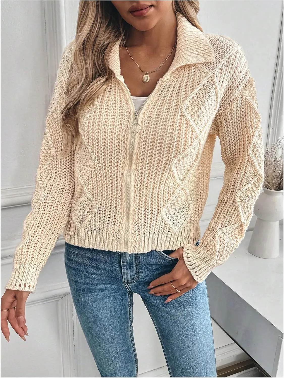 MakeMeChic Women's Cable Knit Collared Zipper Cardigan Sweaters Button Down Long Sleeve Outerwear