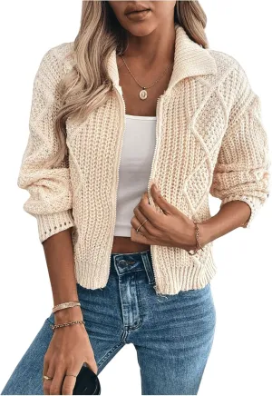 MakeMeChic Women's Cable Knit Collared Zipper Cardigan Sweaters Button Down Long Sleeve Outerwear