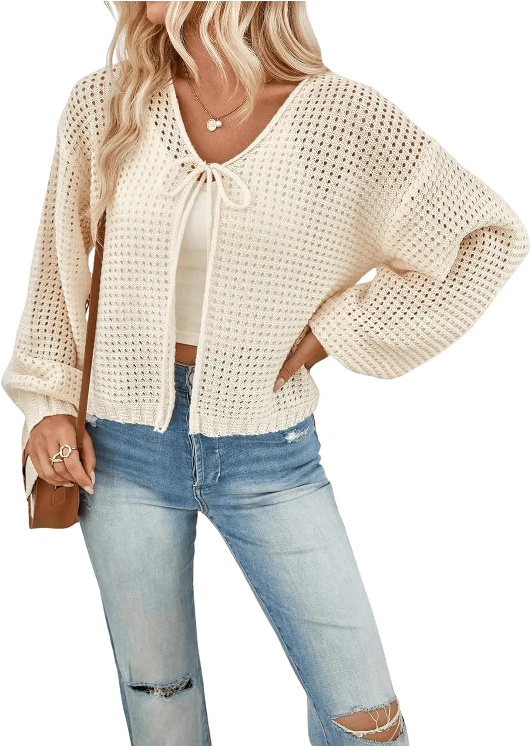 MakeMeChic Women's Crochet Lightweight Cardigan Sweaters Tie Front Hollow Out Knitted Long Sleeve Cardigan