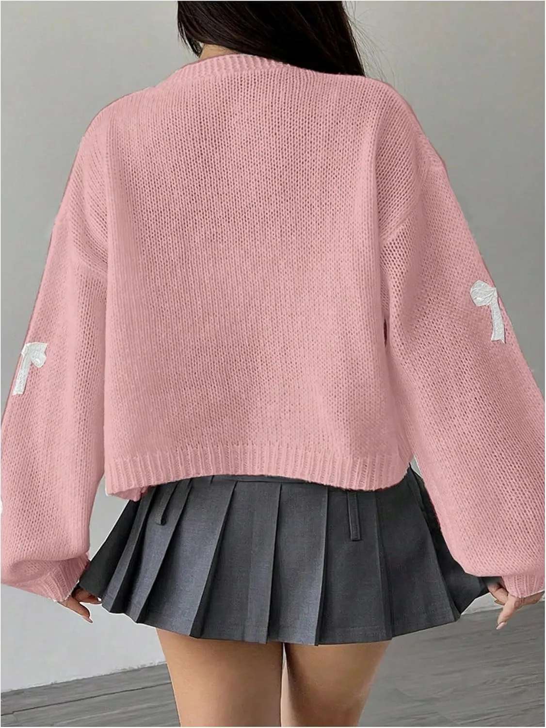 MakeMeChic Women's Cute Cropped Cable Knit Lightweight Cardigan Lantern Sleeve Open Front Cardigan Sweaters