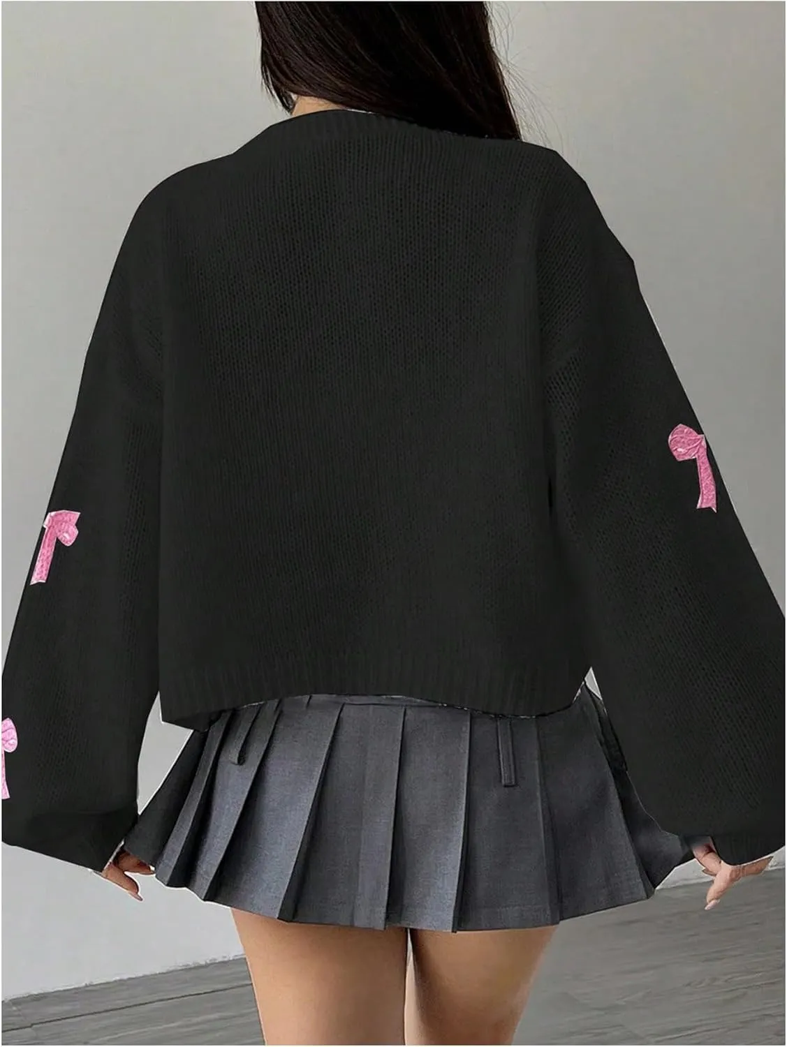 MakeMeChic Women's Cute Cropped Cable Knit Lightweight Cardigan Lantern Sleeve Open Front Cardigan Sweaters