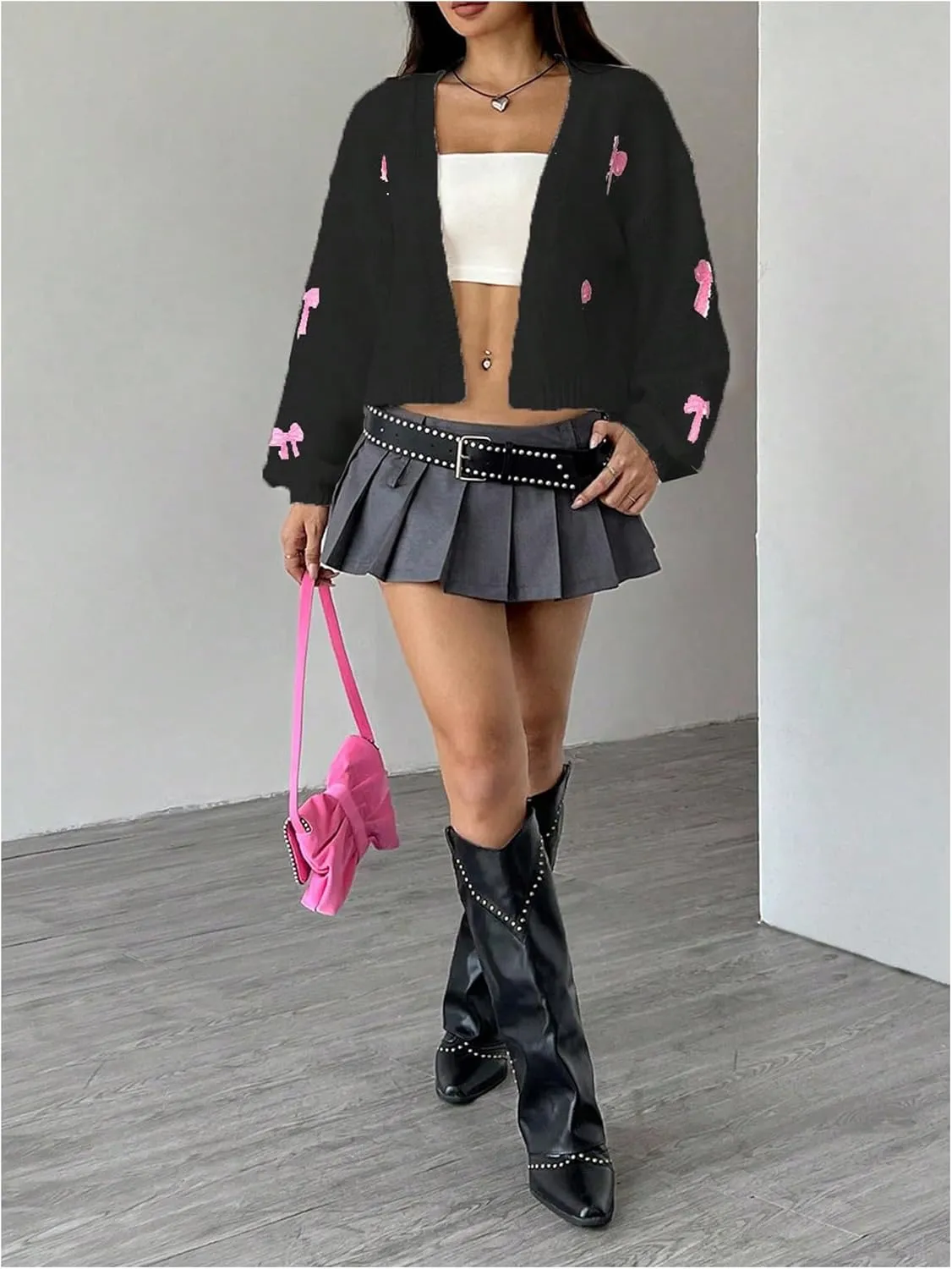 MakeMeChic Women's Cute Cropped Cable Knit Lightweight Cardigan Lantern Sleeve Open Front Cardigan Sweaters