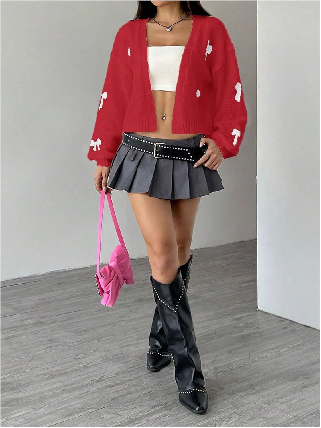 MakeMeChic Women's Cute Cropped Cable Knit Lightweight Cardigan Lantern Sleeve Open Front Cardigan Sweaters