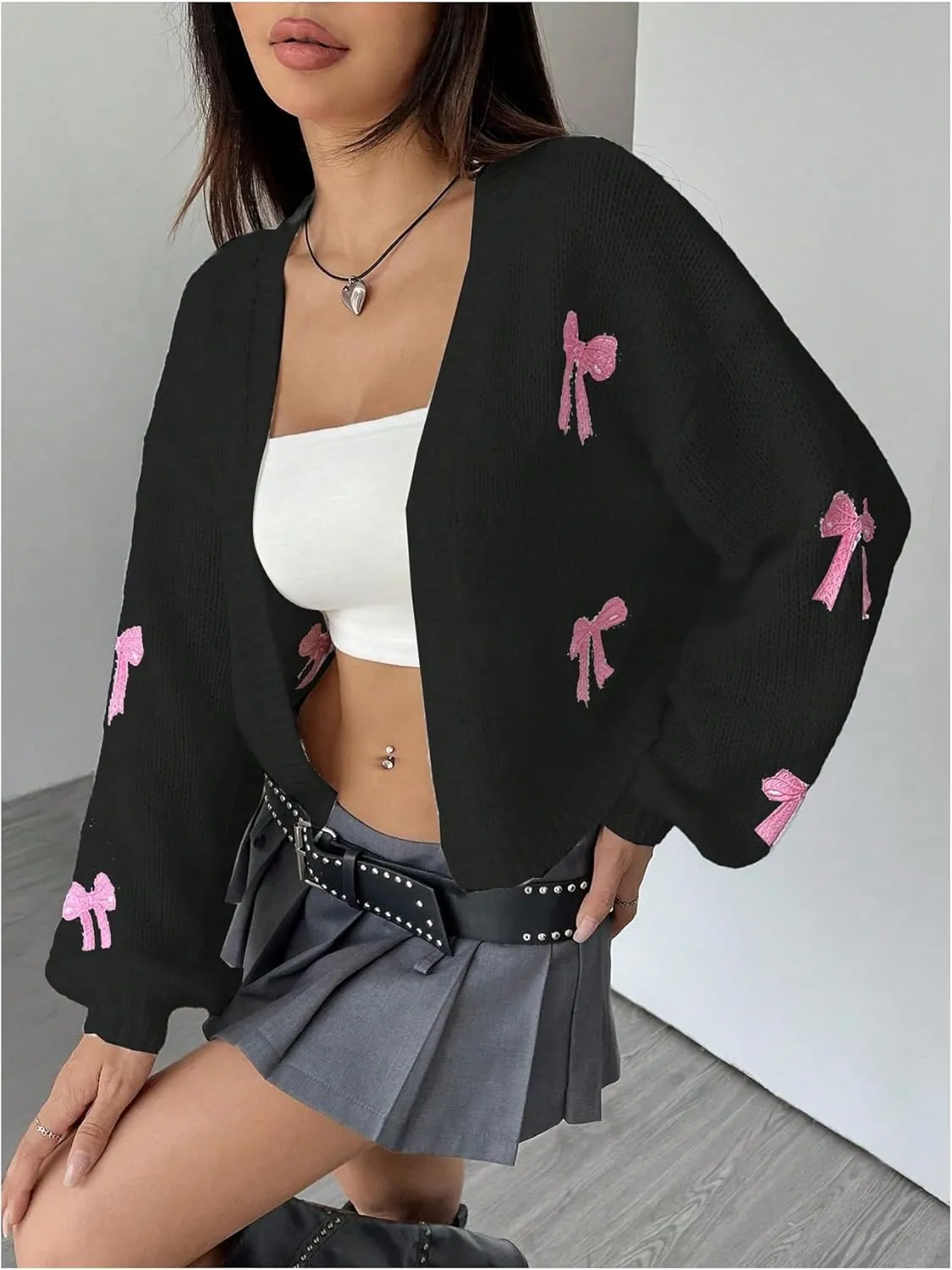 MakeMeChic Women's Cute Cropped Cable Knit Lightweight Cardigan Lantern Sleeve Open Front Cardigan Sweaters
