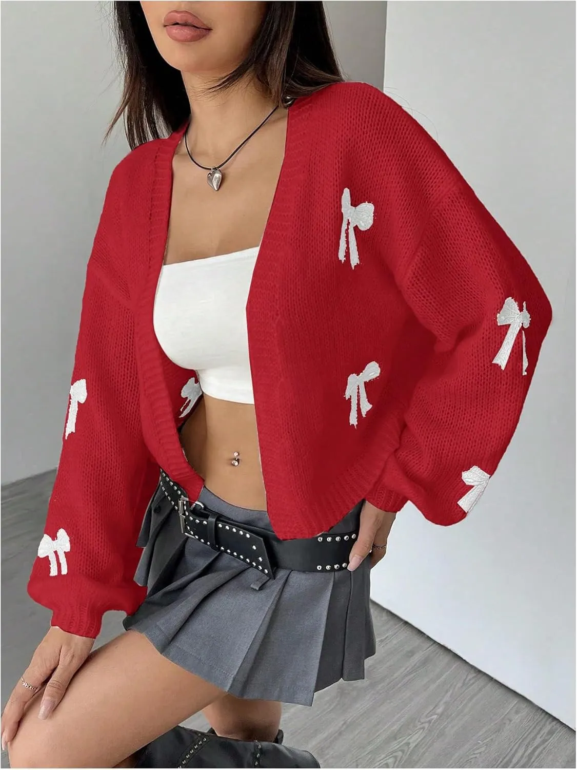 MakeMeChic Women's Cute Cropped Cable Knit Lightweight Cardigan Lantern Sleeve Open Front Cardigan Sweaters