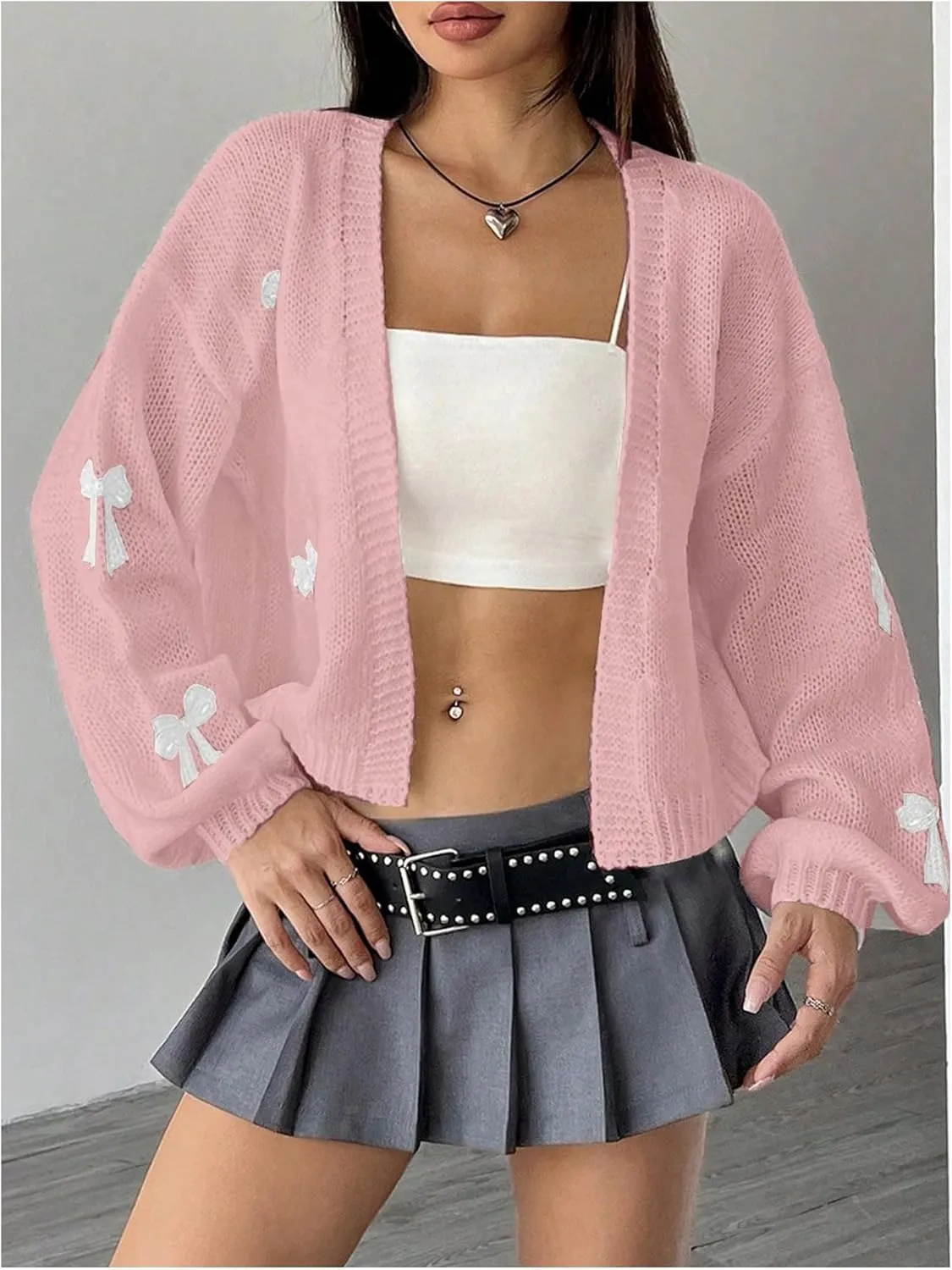 MakeMeChic Women's Cute Cropped Cable Knit Lightweight Cardigan Lantern Sleeve Open Front Cardigan Sweaters
