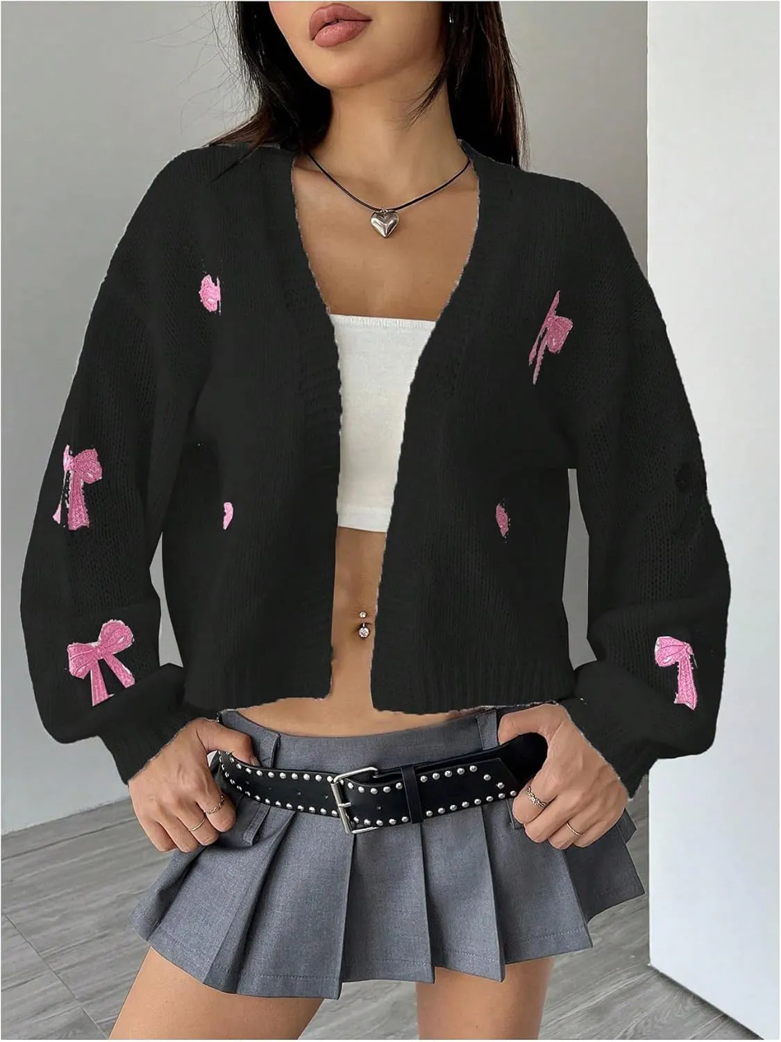 MakeMeChic Women's Cute Cropped Cable Knit Lightweight Cardigan Lantern Sleeve Open Front Cardigan Sweaters