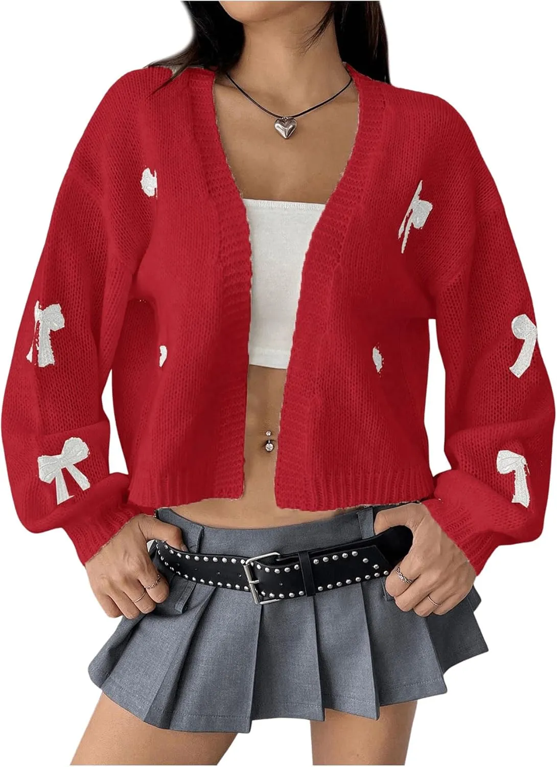 MakeMeChic Women's Cute Cropped Cable Knit Lightweight Cardigan Lantern Sleeve Open Front Cardigan Sweaters