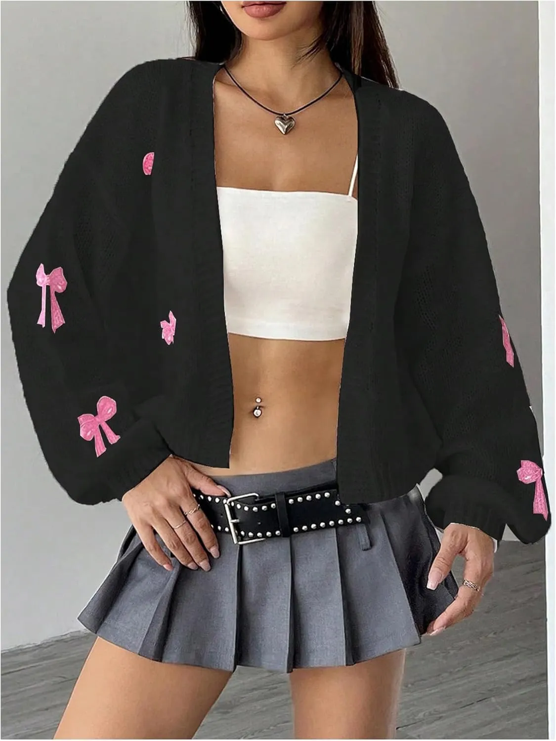 MakeMeChic Women's Cute Cropped Cable Knit Lightweight Cardigan Lantern Sleeve Open Front Cardigan Sweaters