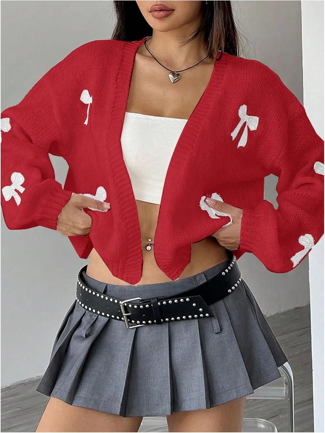 MakeMeChic Women's Cute Cropped Cable Knit Lightweight Cardigan Lantern Sleeve Open Front Cardigan Sweaters