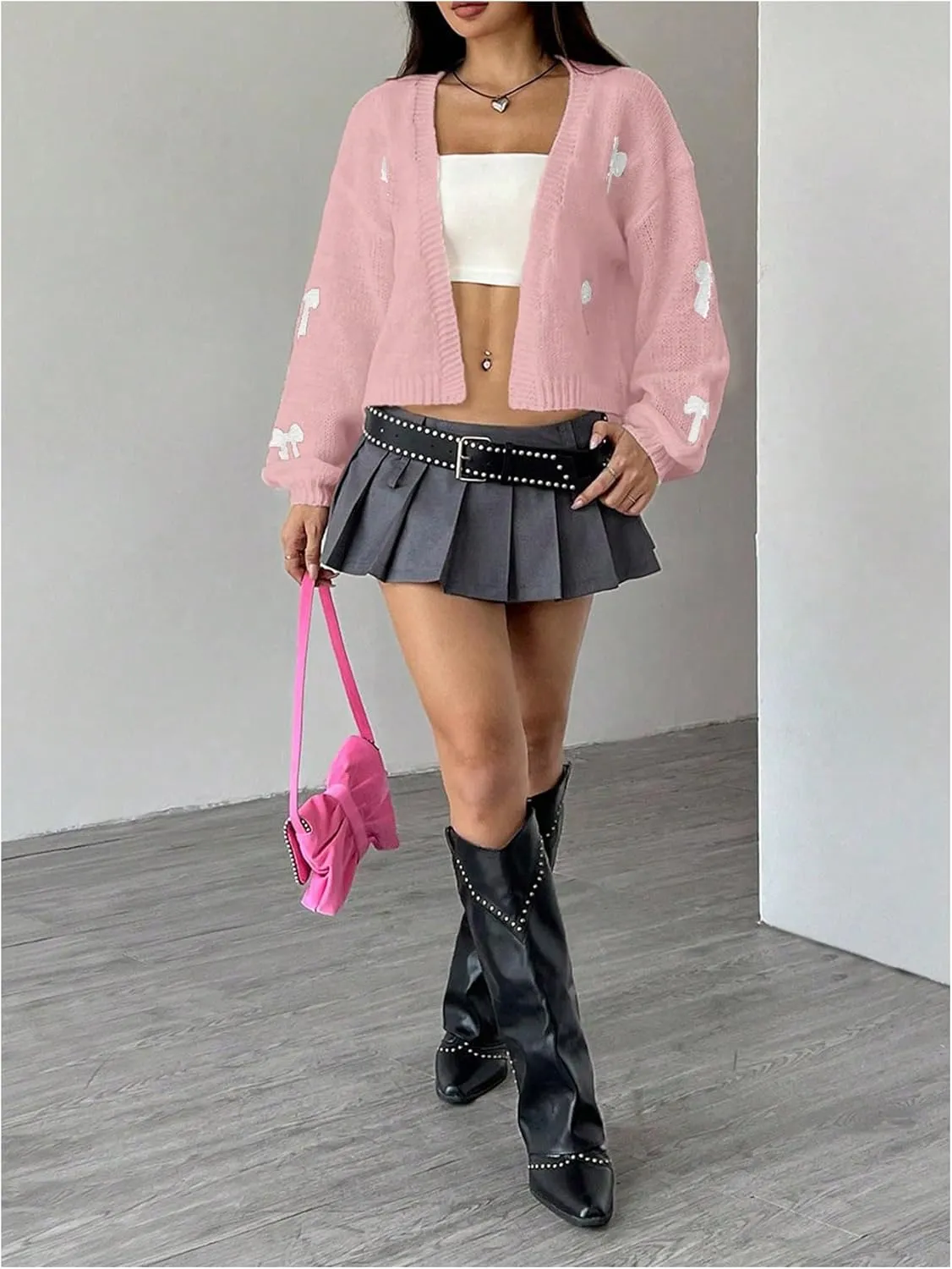 MakeMeChic Women's Cute Cropped Cable Knit Lightweight Cardigan Lantern Sleeve Open Front Cardigan Sweaters