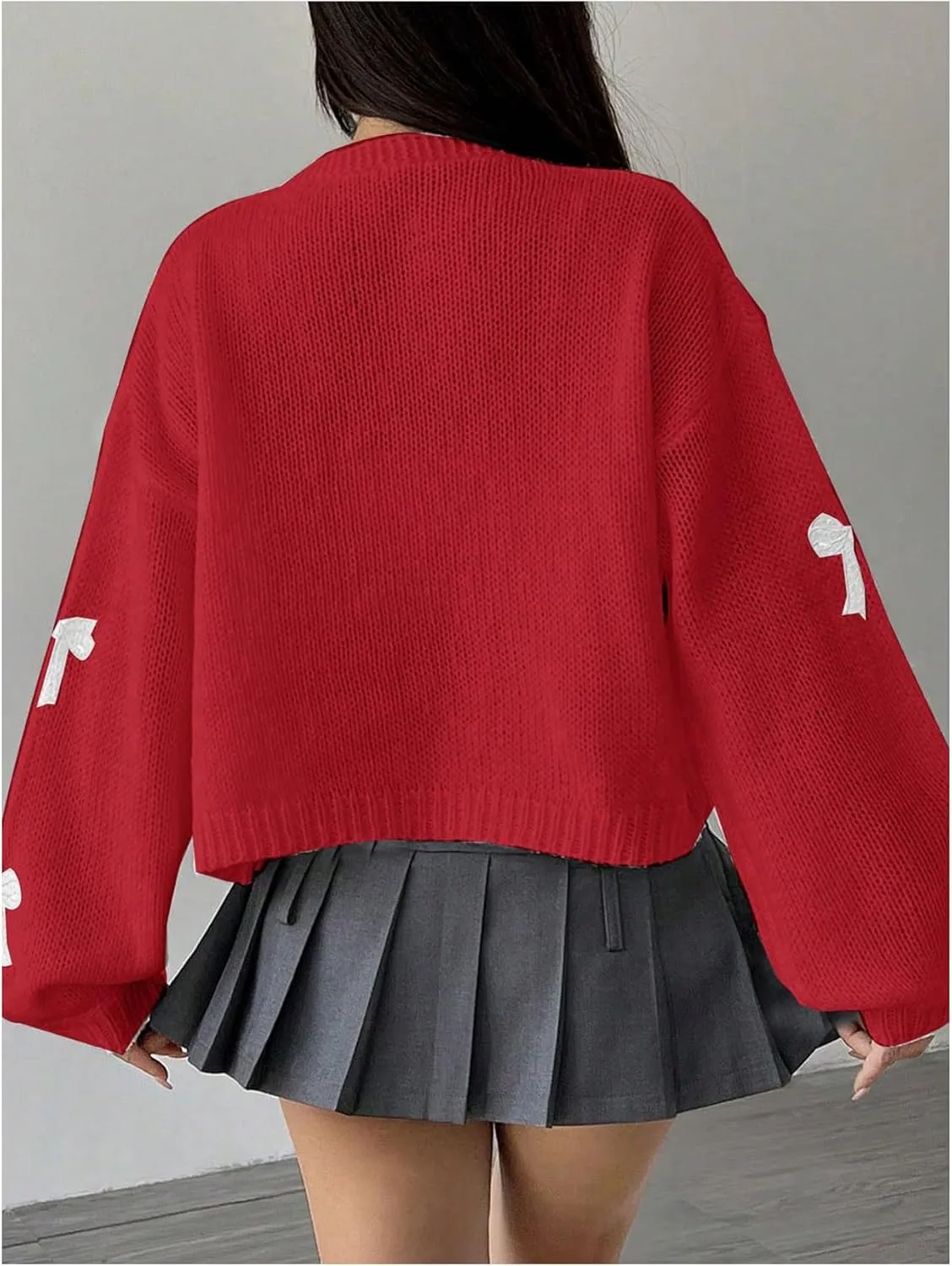 MakeMeChic Women's Cute Cropped Cable Knit Lightweight Cardigan Lantern Sleeve Open Front Cardigan Sweaters
