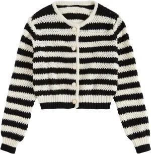 MakeMeChic Women's Striped Cardigan Sweaters Fall Trendy Long Sleeve Button Down Knit Lightweight Cropped Cardigan