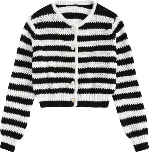 MakeMeChic Women's Striped Cardigan Sweaters Fall Trendy Long Sleeve Button Down Knit Lightweight Cropped Cardigan