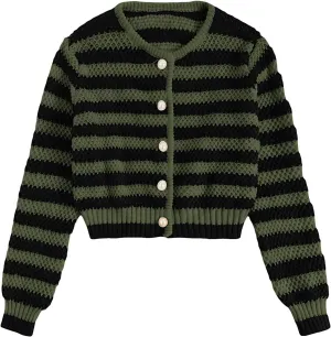 MakeMeChic Women's Striped Cardigan Sweaters Fall Trendy Long Sleeve Button Down Knit Lightweight Cropped Cardigan