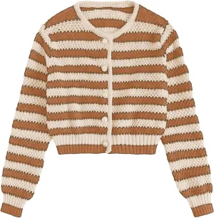 MakeMeChic Women's Striped Cardigan Sweaters Fall Trendy Long Sleeve Button Down Knit Lightweight Cropped Cardigan