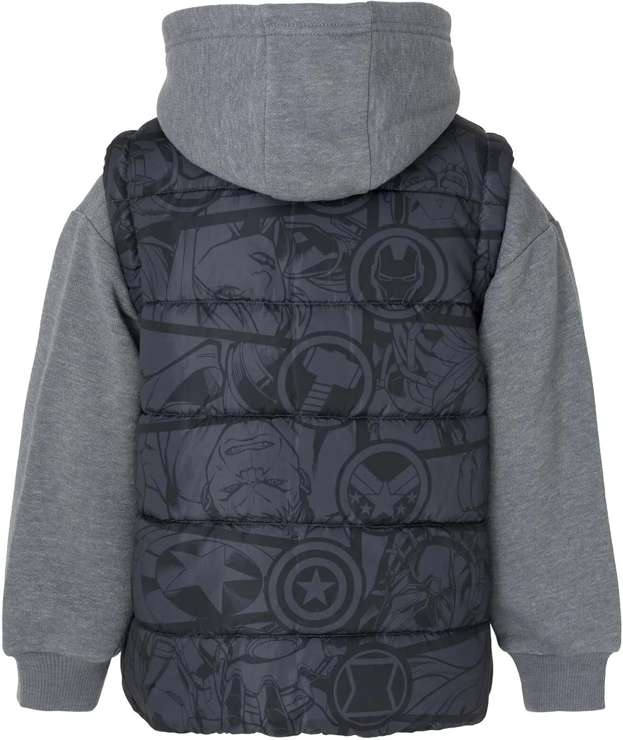 Marvel Avengers Iron Man Thor Captain America Zip Up Vest 2fer Jacket and Pullover Fleece Hoodie Toddler to Big Kid