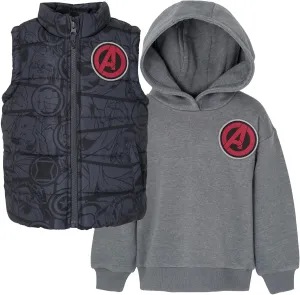 Marvel Avengers Iron Man Thor Captain America Zip Up Vest 2fer Jacket and Pullover Fleece Hoodie Toddler to Big Kid