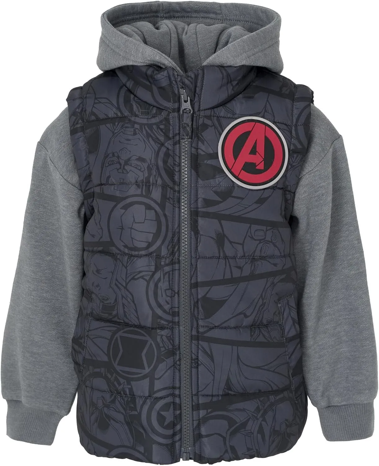 Marvel Avengers Iron Man Thor Captain America Zip Up Vest 2fer Jacket and Pullover Fleece Hoodie Toddler to Big Kid