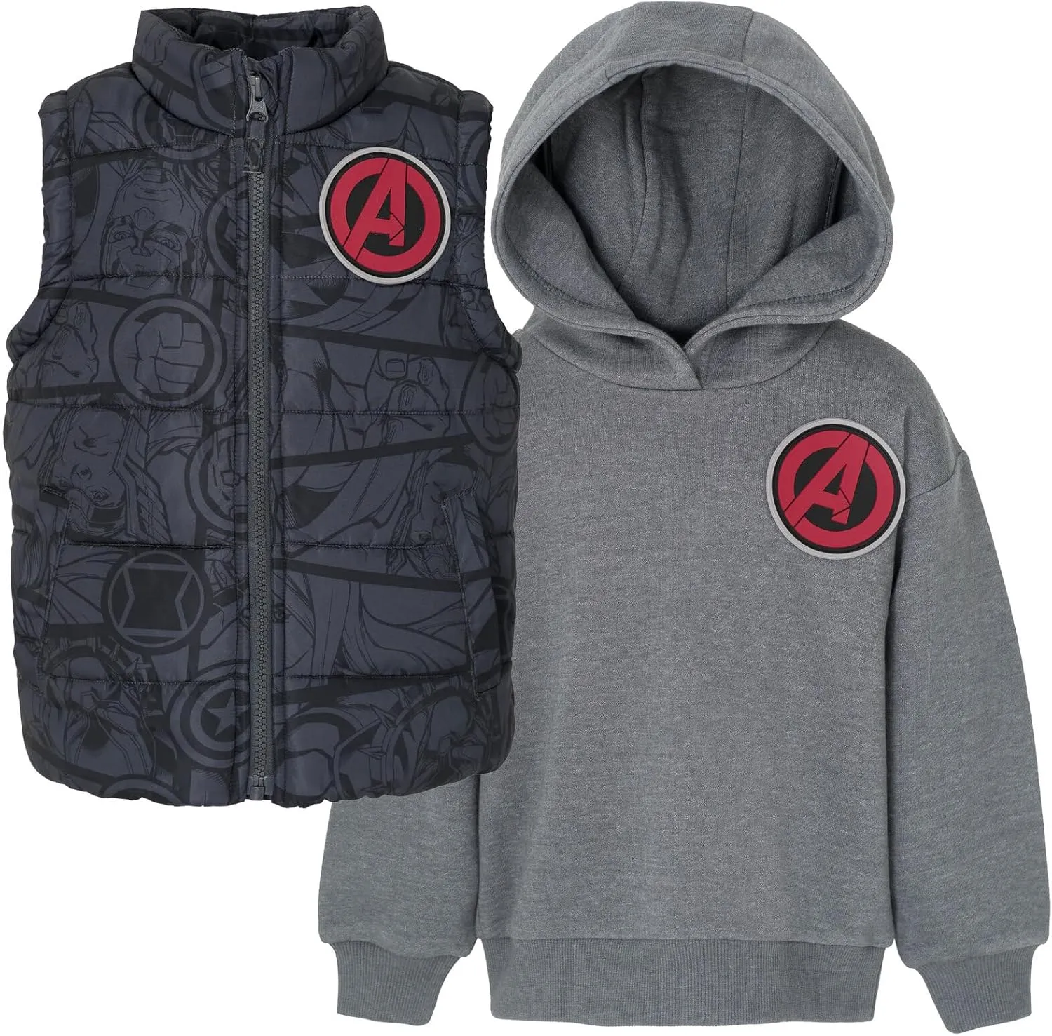Marvel Avengers Iron Man Thor Captain America Zip Up Vest 2fer Jacket and Pullover Fleece Hoodie Toddler to Big Kid