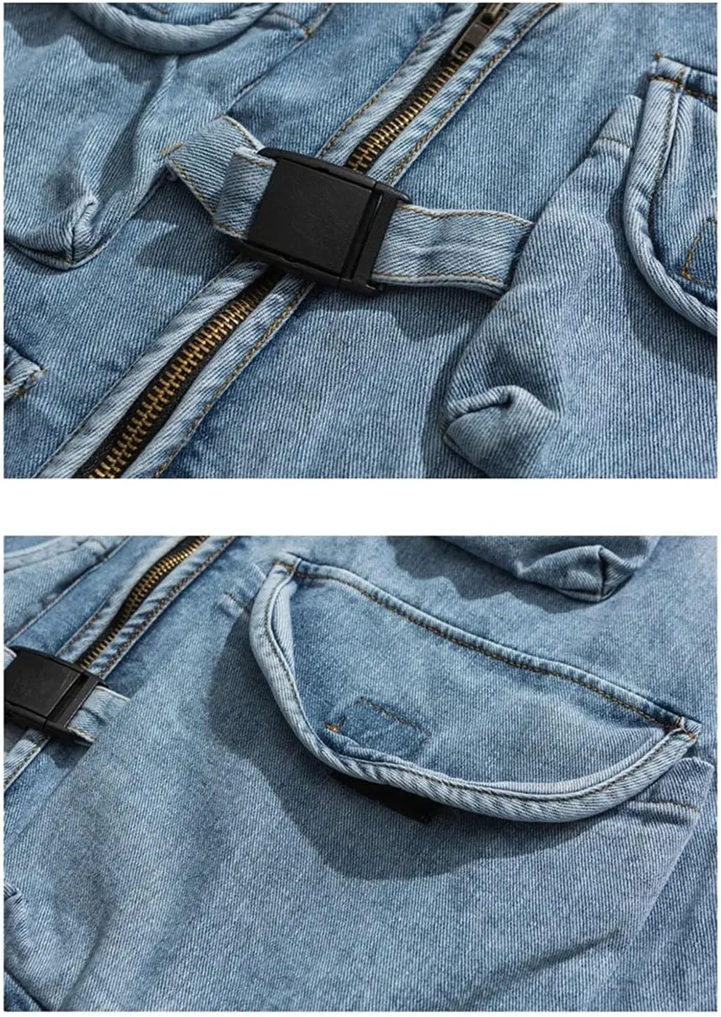 Mens Casual Cargo Denim Vest V-Neck Sleeveless Single Breasted Zipper Solid Outerwear