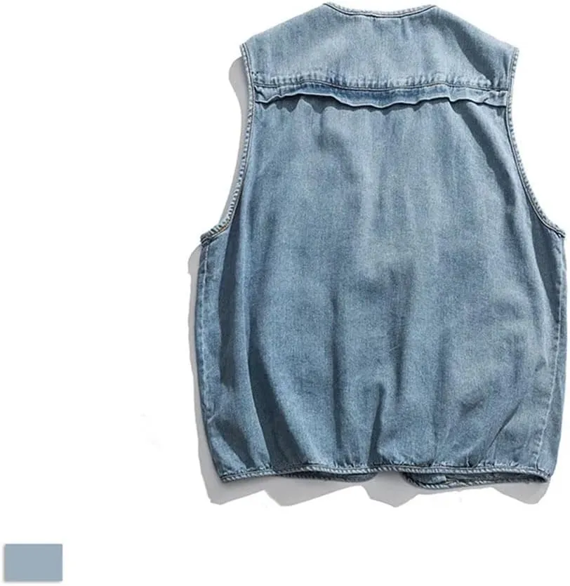 Mens Casual Cargo Denim Vest V-Neck Sleeveless Single Breasted Zipper Solid Outerwear