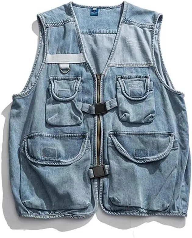 Mens Casual Cargo Denim Vest V-Neck Sleeveless Single Breasted Zipper Solid Outerwear