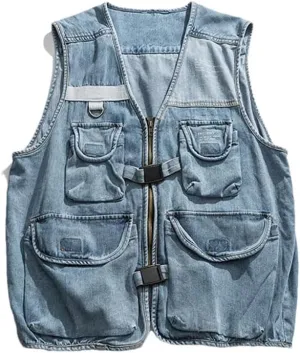 Mens Casual Cargo Denim Vest V-Neck Sleeveless Single Breasted Zipper Solid Outerwear