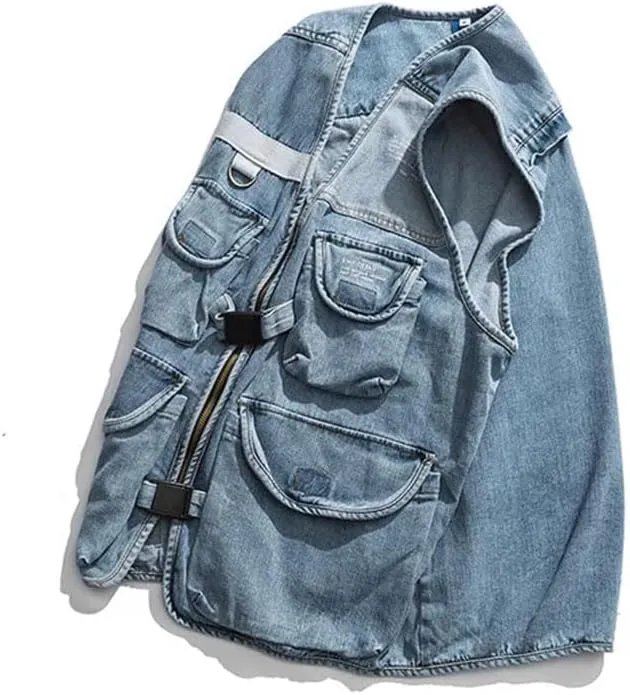 Mens Casual Cargo Denim Vest V-Neck Sleeveless Single Breasted Zipper Solid Outerwear