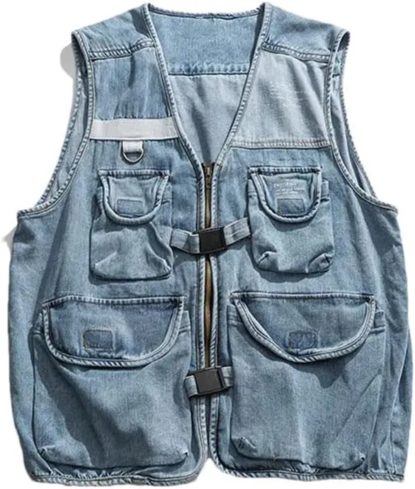 Mens Casual Cargo Denim Vest V-Neck Sleeveless Single Breasted Zipper Solid Outerwear