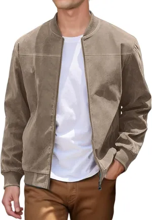Mens Faux Suede Bomber Jacket Lightweight Casual Coat Windbreak Zip Up Flight Outerwear with Pockets for Spring Fall