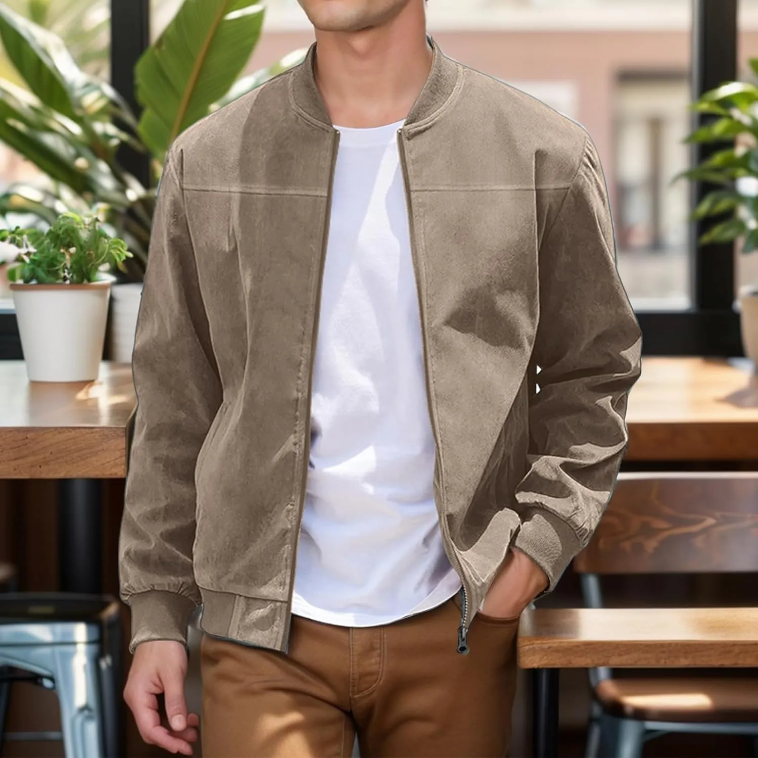 Mens Faux Suede Bomber Jacket Lightweight Casual Coat Windbreak Zip Up Flight Outerwear with Pockets for Spring Fall