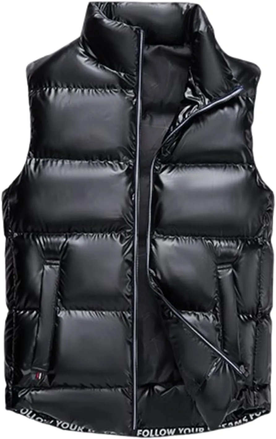 Mens Metallic Puffer Vest Coat, Full Zip Down Jacket Plus Size Winter Padded Shiny Coat Waistcoat