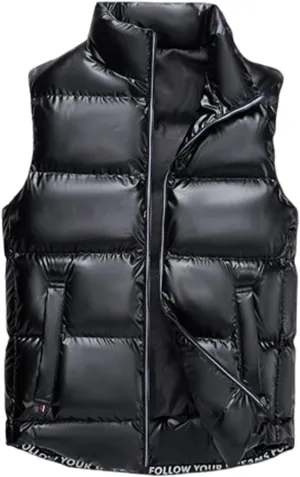 Mens Metallic Puffer Vest Coat, Full Zip Down Jacket Plus Size Winter Padded Shiny Coat Waistcoat