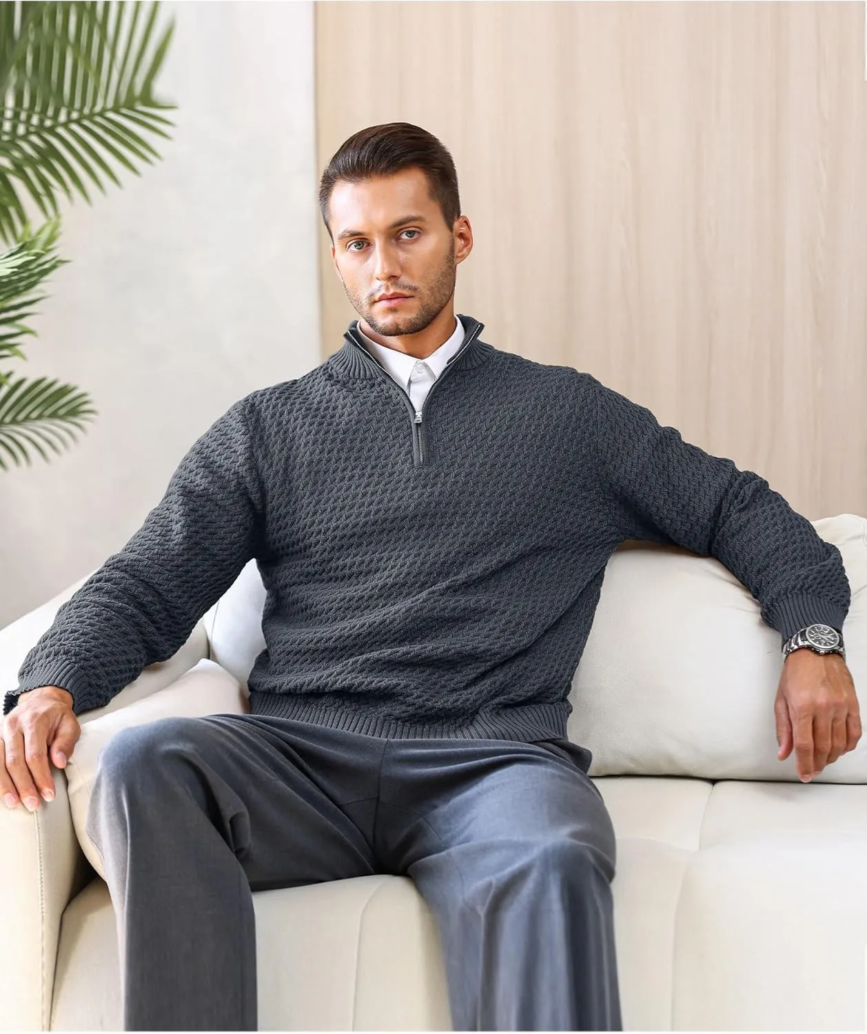 Men's Quarter Zip Pullover Sweater Slim Fit Business Casual Cable Knit Lightweight Long Sleeve Sweaters