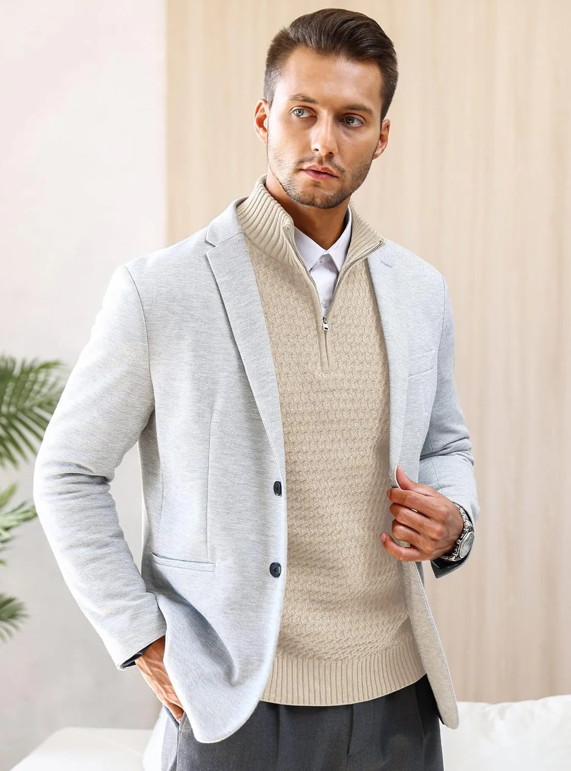 Men's Quarter Zip Pullover Sweater Slim Fit Business Casual Cable Knit Lightweight Long Sleeve Sweaters