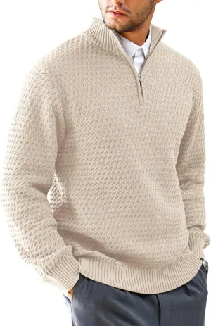 Men's Quarter Zip Pullover Sweater Slim Fit Business Casual Cable Knit Lightweight Long Sleeve Sweaters