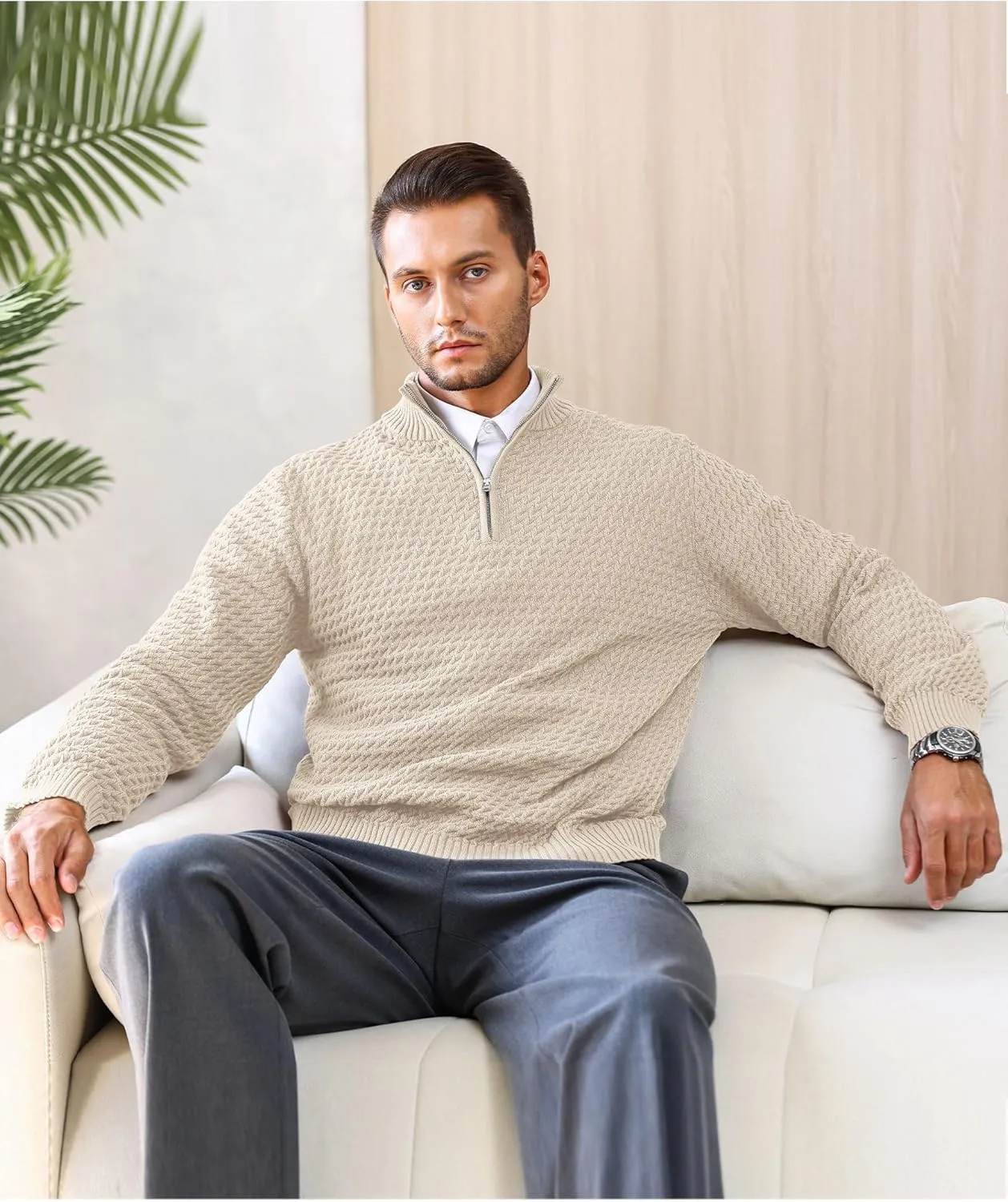 Men's Quarter Zip Pullover Sweater Slim Fit Business Casual Cable Knit Lightweight Long Sleeve Sweaters