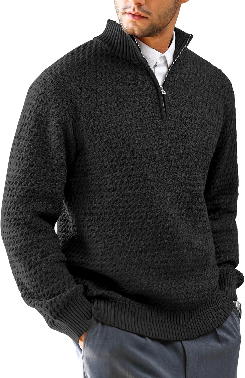 Men's Quarter Zip Pullover Sweater Slim Fit Business Casual Cable Knit Lightweight Long Sleeve Sweaters