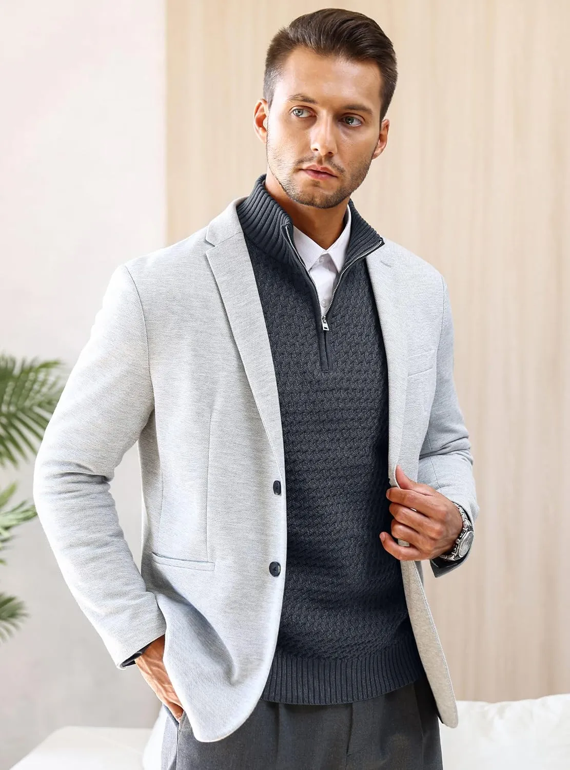 Men's Quarter Zip Pullover Sweater Slim Fit Business Casual Cable Knit Lightweight Long Sleeve Sweaters