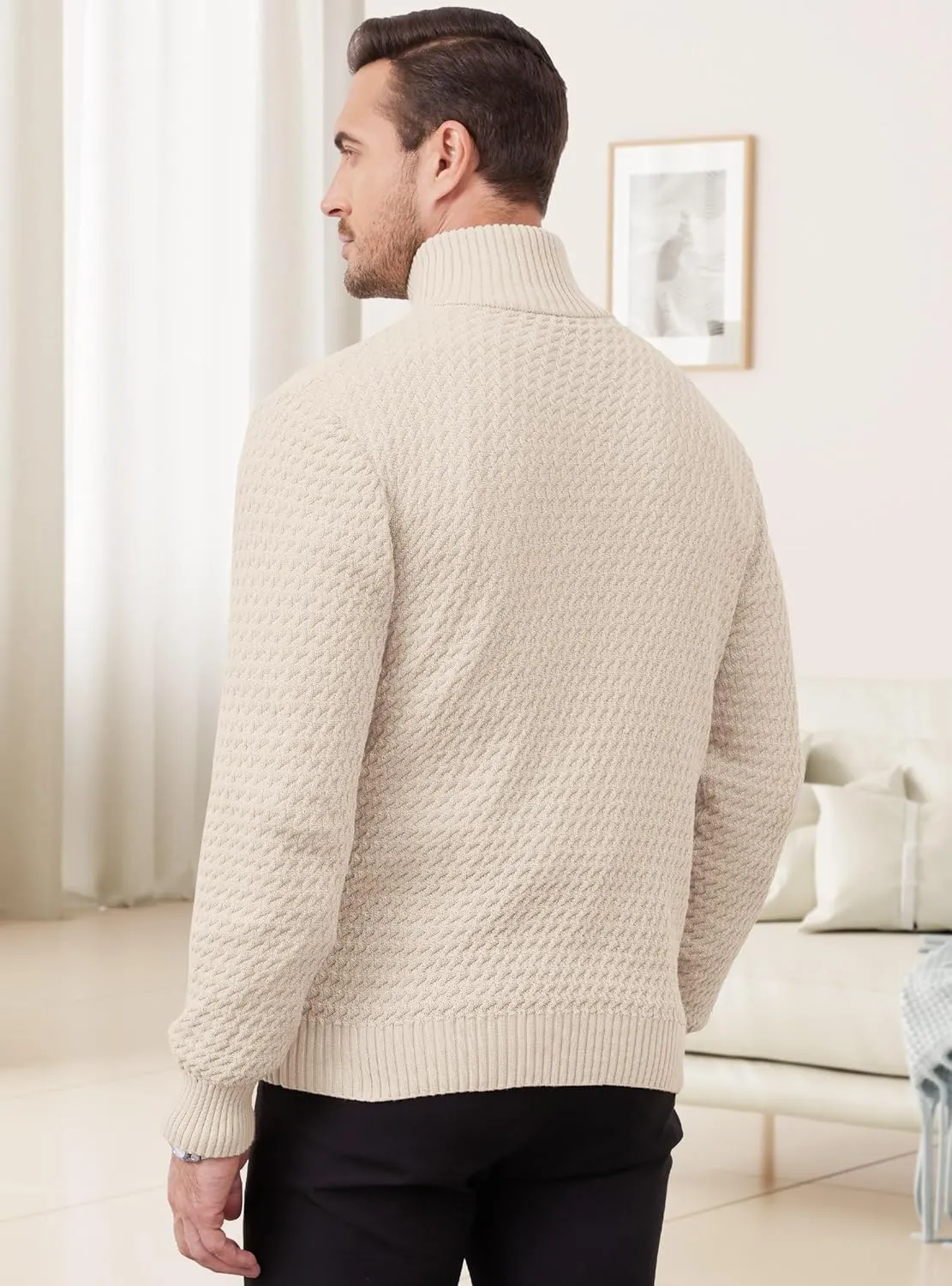 Men's Quarter Zip Pullover Sweater Slim Fit Business Casual Cable Knit Lightweight Long Sleeve Sweaters