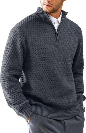 Men's Quarter Zip Pullover Sweater Slim Fit Business Casual Cable Knit Lightweight Long Sleeve Sweaters
