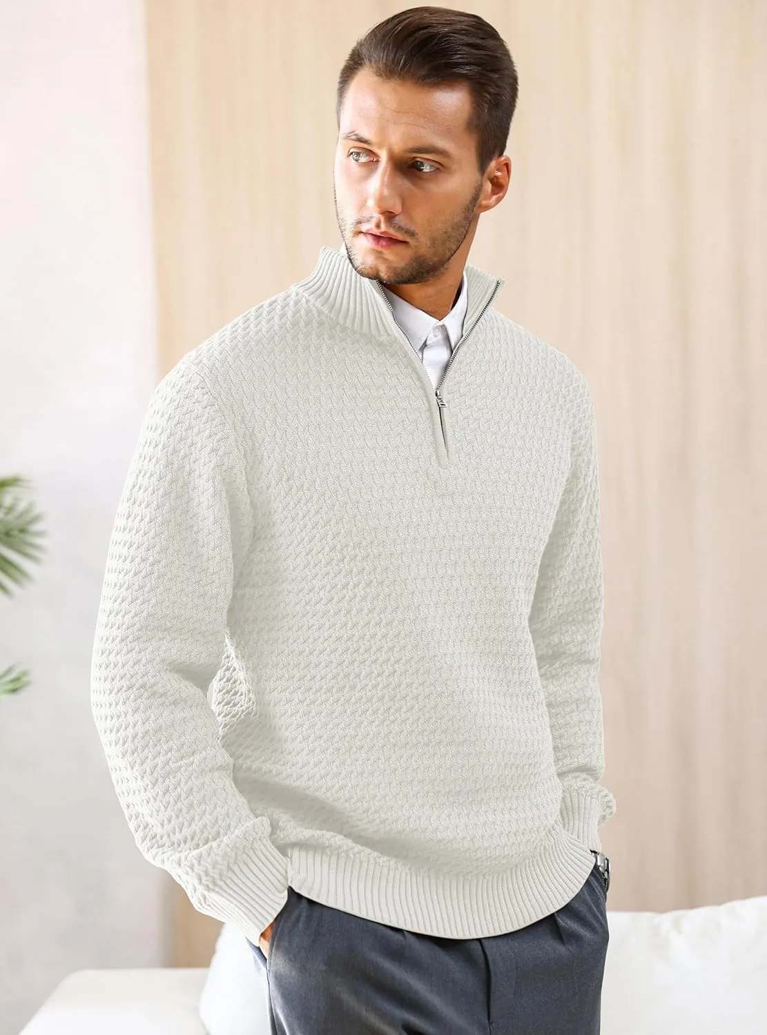 Men's Quarter Zip Pullover Sweater Slim Fit Business Casual Cable Knit Lightweight Long Sleeve Sweaters