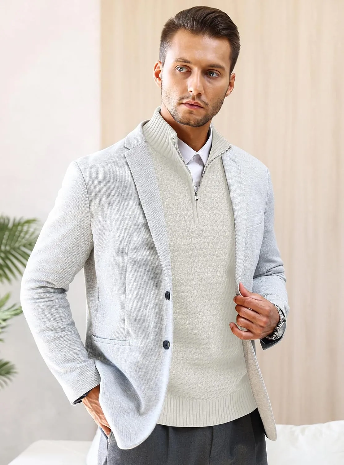 Men's Quarter Zip Pullover Sweater Slim Fit Business Casual Cable Knit Lightweight Long Sleeve Sweaters