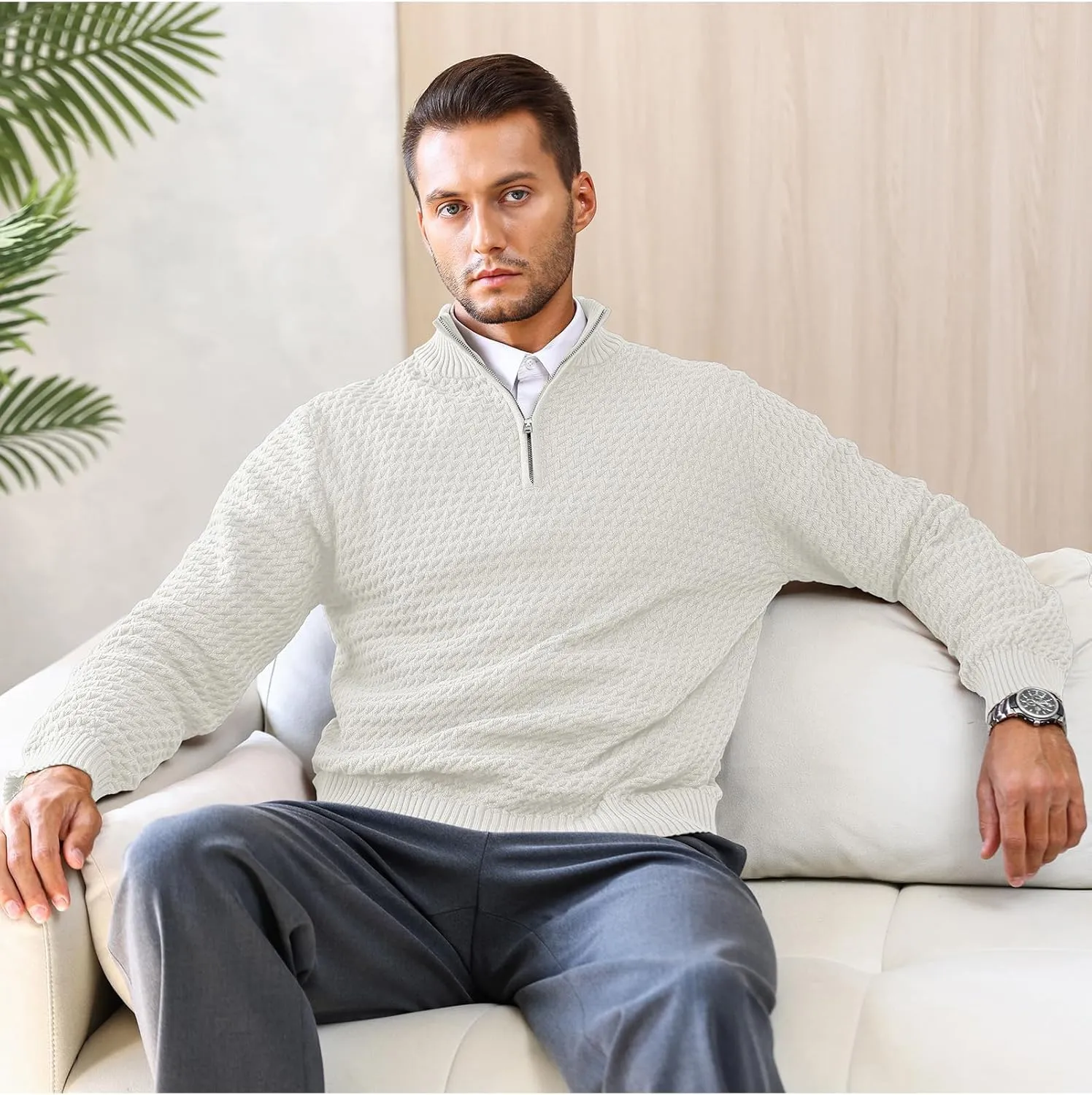 Men's Quarter Zip Pullover Sweater Slim Fit Business Casual Cable Knit Lightweight Long Sleeve Sweaters