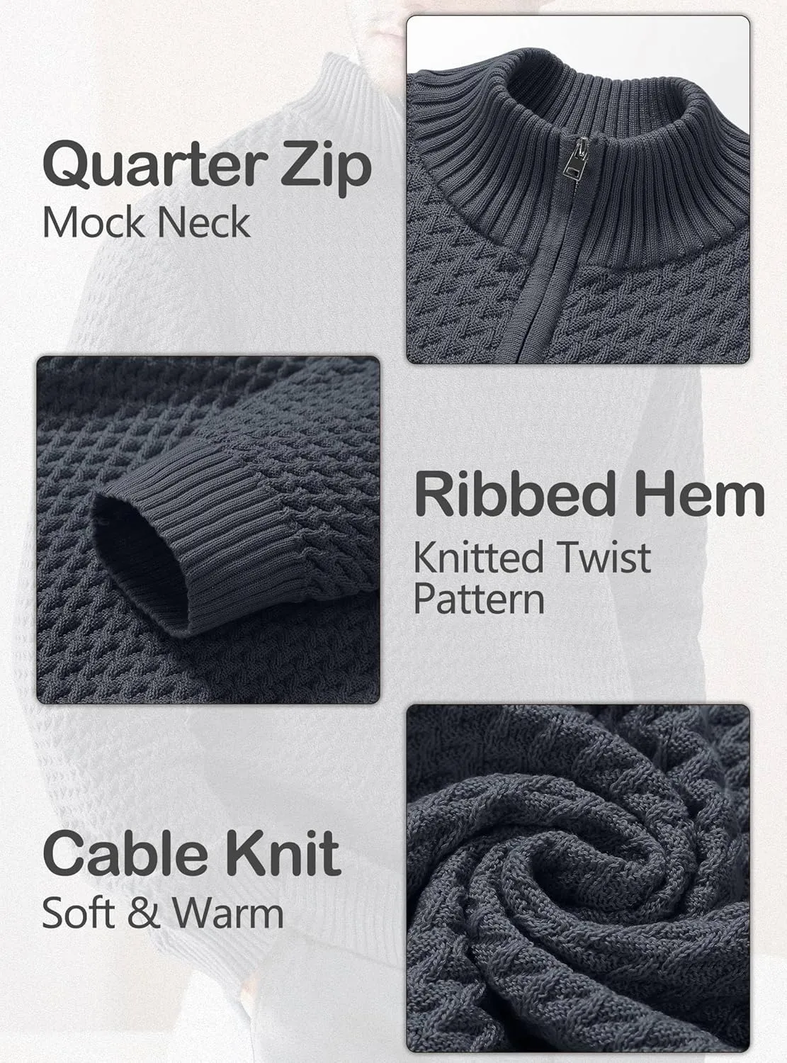 Men's Quarter Zip Pullover Sweater Slim Fit Business Casual Cable Knit Lightweight Long Sleeve Sweaters